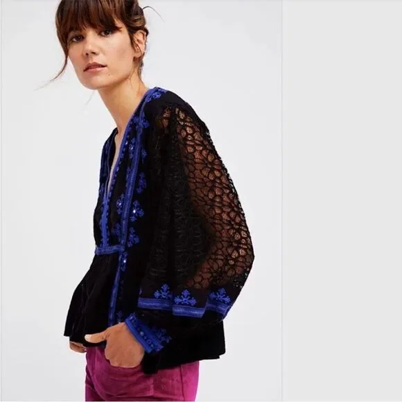 FREE PEOPLE Boogie All Night Peasant Blouse In Black S NWOT - Picture 6 of 13